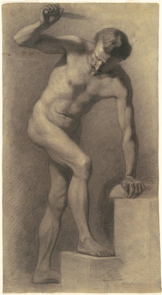 Male Nude on Steps by Walter Shirlaw (American, 1838 - 1909), 16X12"(A3)Poster Print