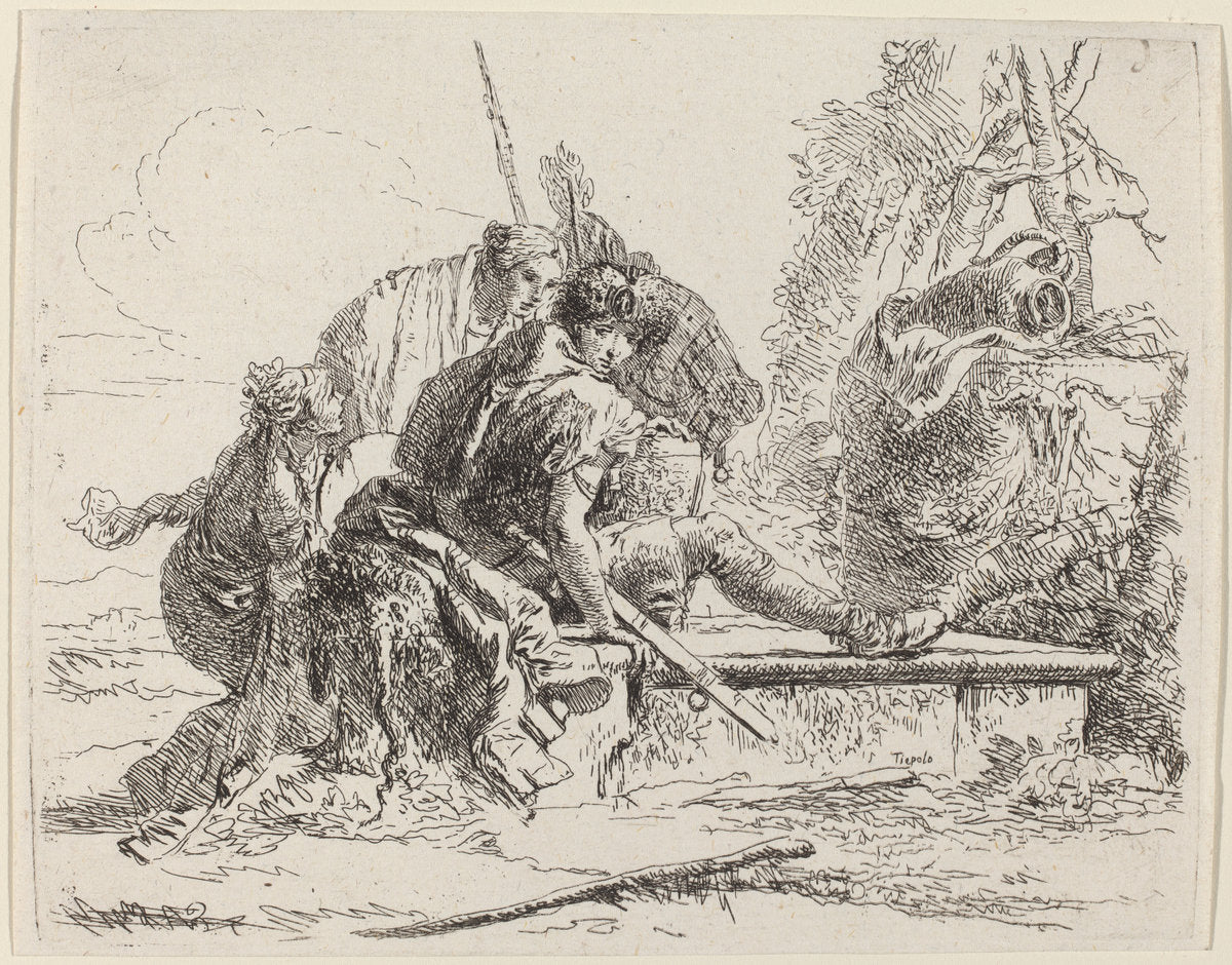 Soldier Seated on a Tomb with Surrounding Figures by Giovanni Battista Tiepolo (Italian, 1696 - 1770), 16X12"(A3)Poster Print