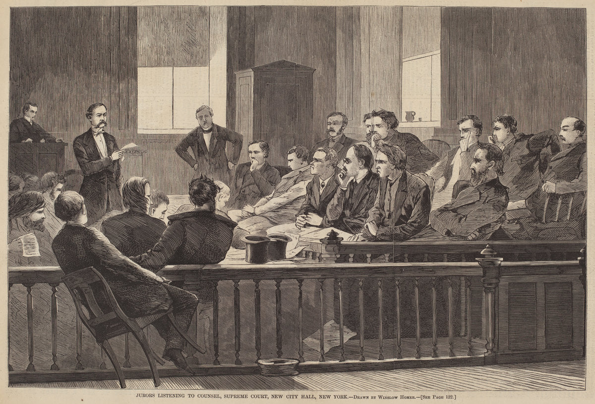 published 1869 by after Winslow Homer (Jurors Listening to Counsel, Supreme Court, New City Hall, New York), 16X12"(A3)Poster Print