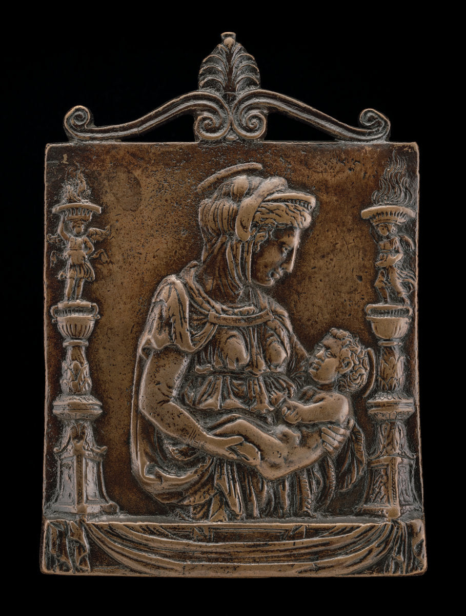 bronze//Medium brown patina by Paduan 15th Century (Madonna and Child between Two Candelabra), 16X12"(A3)Poster Print