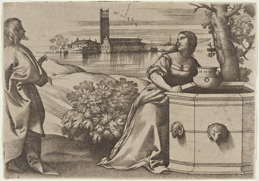 Christ and the Samaritan Woman by Giulio Campagnola (Venetian, 1482 - after 1514), 16X12"(A3)Poster Print
