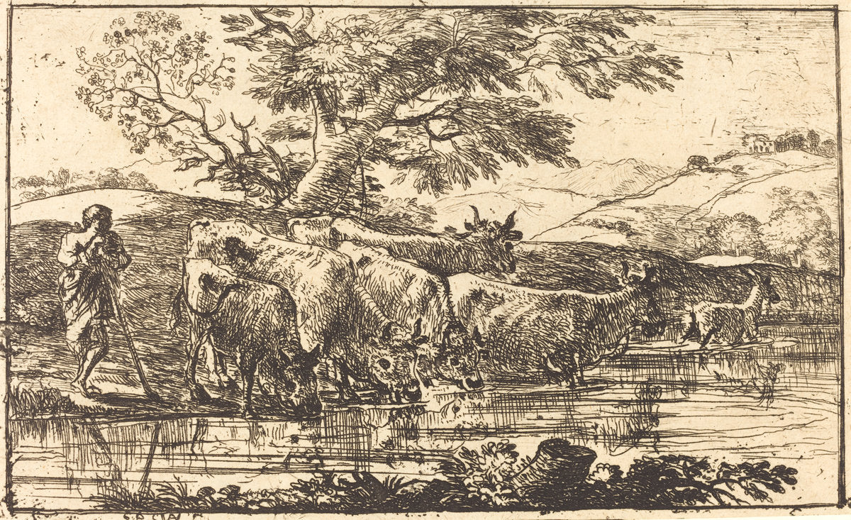 The Herd at the Watering Place (Le troupeau à l'abreuvoir) by Claude Lorrain (French, 1604/1605 - 1682), 16X12"(A3)Poster Print