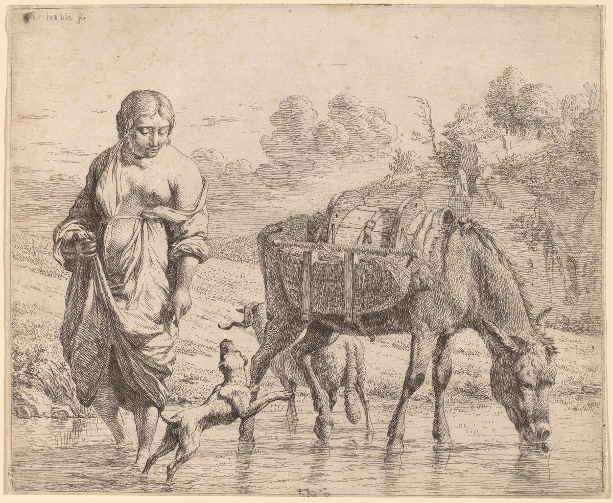 Woman Crossing a Stream by Karel Dujardin (Dutch, c. 1622 - 1678), 16X12"(A3)Poster Print