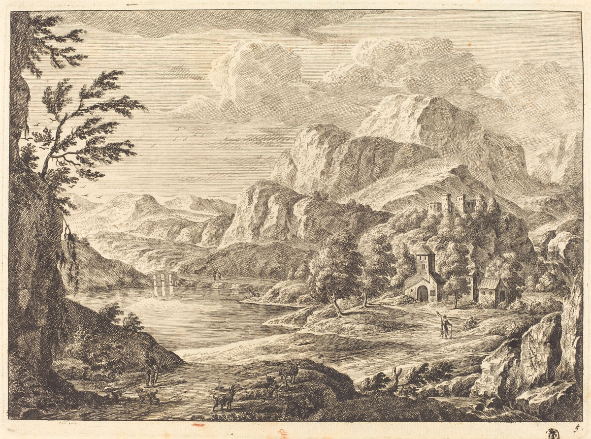 Mountainous Landscape with a Ruined Castle and an Arched Bridge in the Distance by Georg Eisenmann (German, active last third 18th century), 16X12"(A3)Poster Print