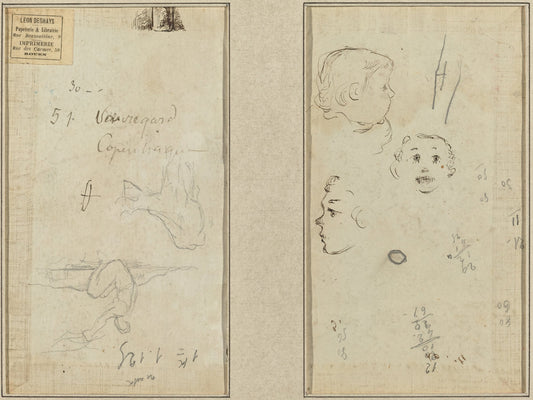 Seated Figure and a Cow; Three Studies of a Child's Head by Paul Gauguin (French, 1848 - 1903), 16X12"(A3)Poster Print