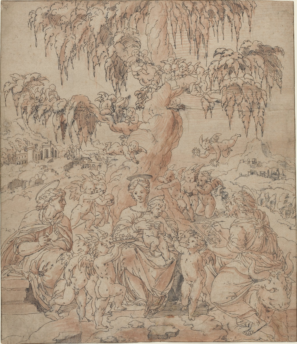 Madonna and Child with Saints John and Luke by Jean Cousin the Younger (French, c. 1522 - c. 1594), 16X12"(A3)Poster Print