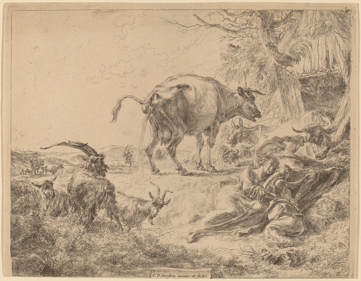 Cow Pissing by Nicolaes Pietersz Berchem (Dutch, 1620 - 1683), 16X12"(A3)Poster Print