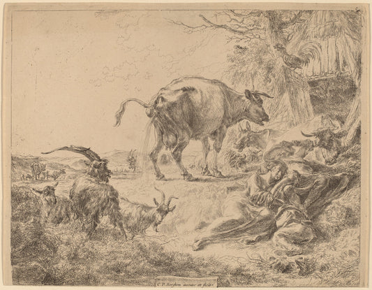 Cow Pissing by Nicolaes Pietersz Berchem (Dutch, 1620 - 1683), 16X12"(A3)Poster Print