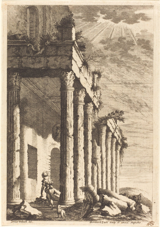 Travelers beside a Ruined Portico by Bernhard Zaech after Jonas Umbach (German, active c. 1650), 16X12"(A3)Poster Print