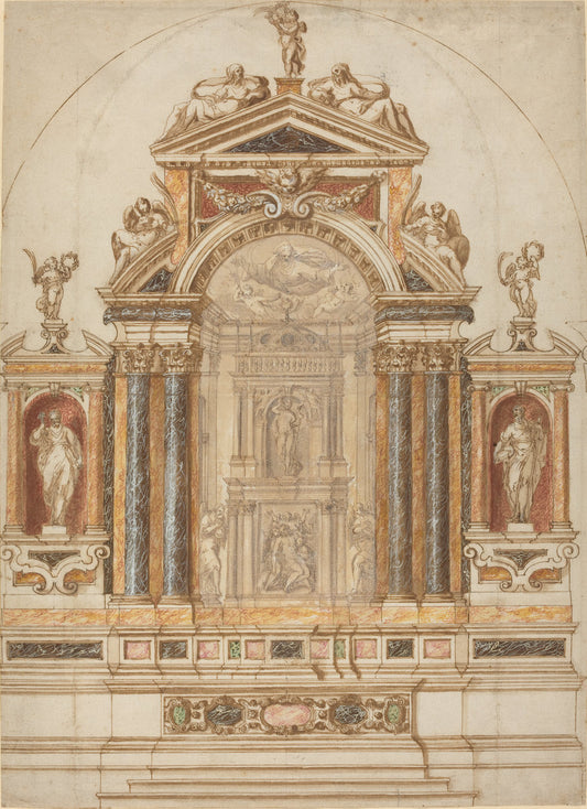 1600s by Italian 17th Century (An Elaborate Altar of Colored Marble Ornamented with Sculptures), 16X12"(A3)Poster Print