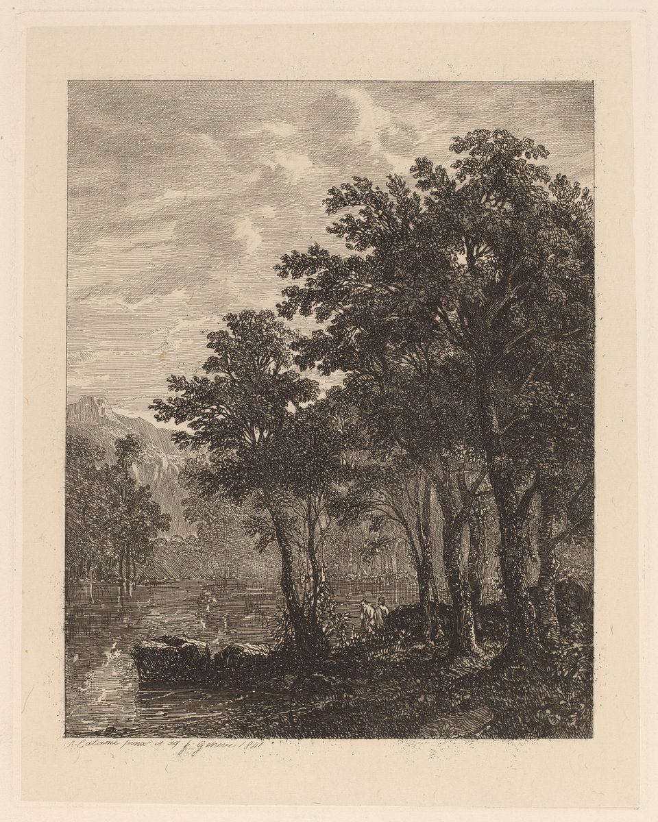 Trees by a River by Alexandre Calame (Swiss, 1810 - 1864), 16X12"(A3)Poster Print