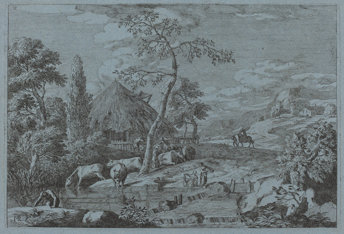 Cattle and Figures at a Farmyard Stream by Marco Ricci (Italian, 1676 - 1729), 16X12"(A3)Poster Print
