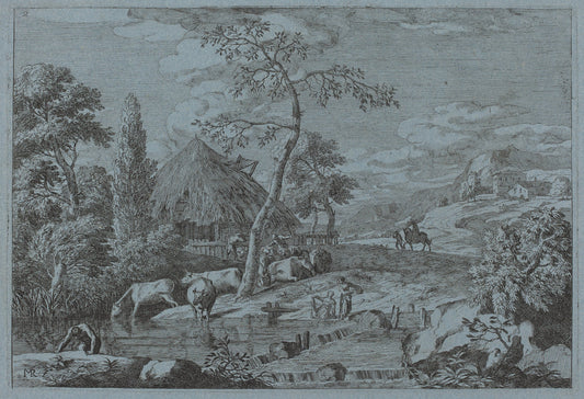 Cattle and Figures at a Farmyard Stream by Marco Ricci (Italian, 1676 - 1729), 16X12"(A3)Poster Print