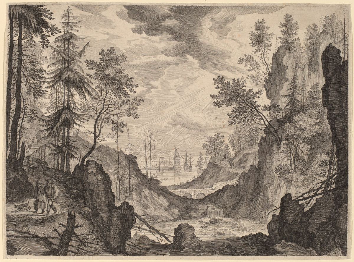 Woodland Scene with a Waterfall by Aegidius Sadeler II after Roelandt Savery (Flemish, c. 1570 - 1629), 16X12"(A3)Poster Print