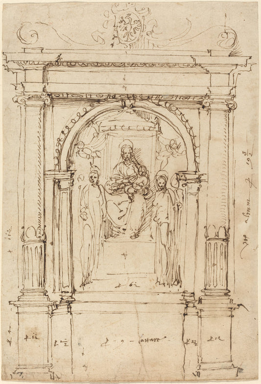 Altarpiece of the Madonna and Child with Saints, in Its Architectural Setting by Perino del Vaga (Italian, 1501 - 1547), 16X12"(A3)Poster Print