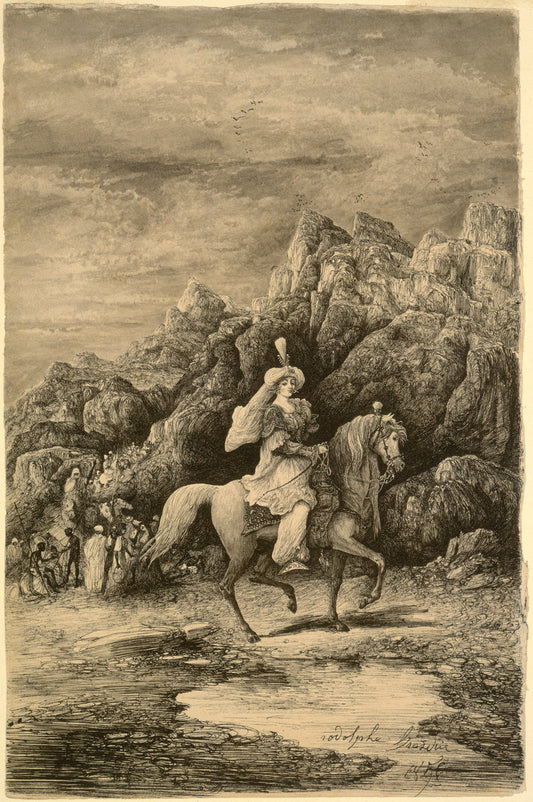 Oriental Horsewoman in a Desolate Mountain Landscape by Rodolphe Bresdin (French, 1822 - 1885), 16X12"(A3)Poster Print