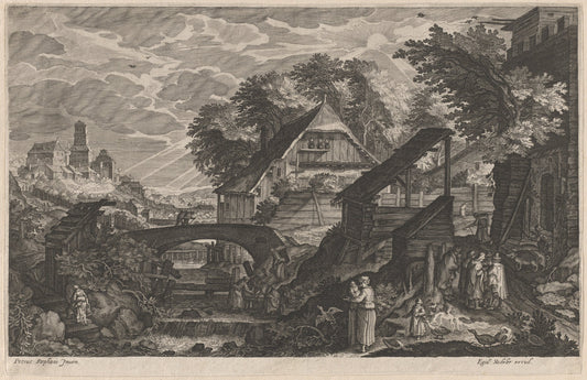 Farm Houses by a River with a City Beyond by Aegidius Sadeler II after Pieter Stevens (Flemish, c. 1570 - 1629), 16X12"(A3)Poster Print