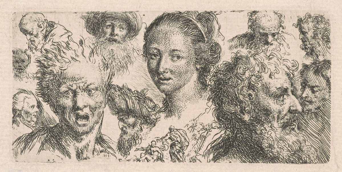 Studies of Eleven Heads by Bartholomäus Ignaz Weiss (German, 1740 - 1814), 16X12"(A3)Poster Print