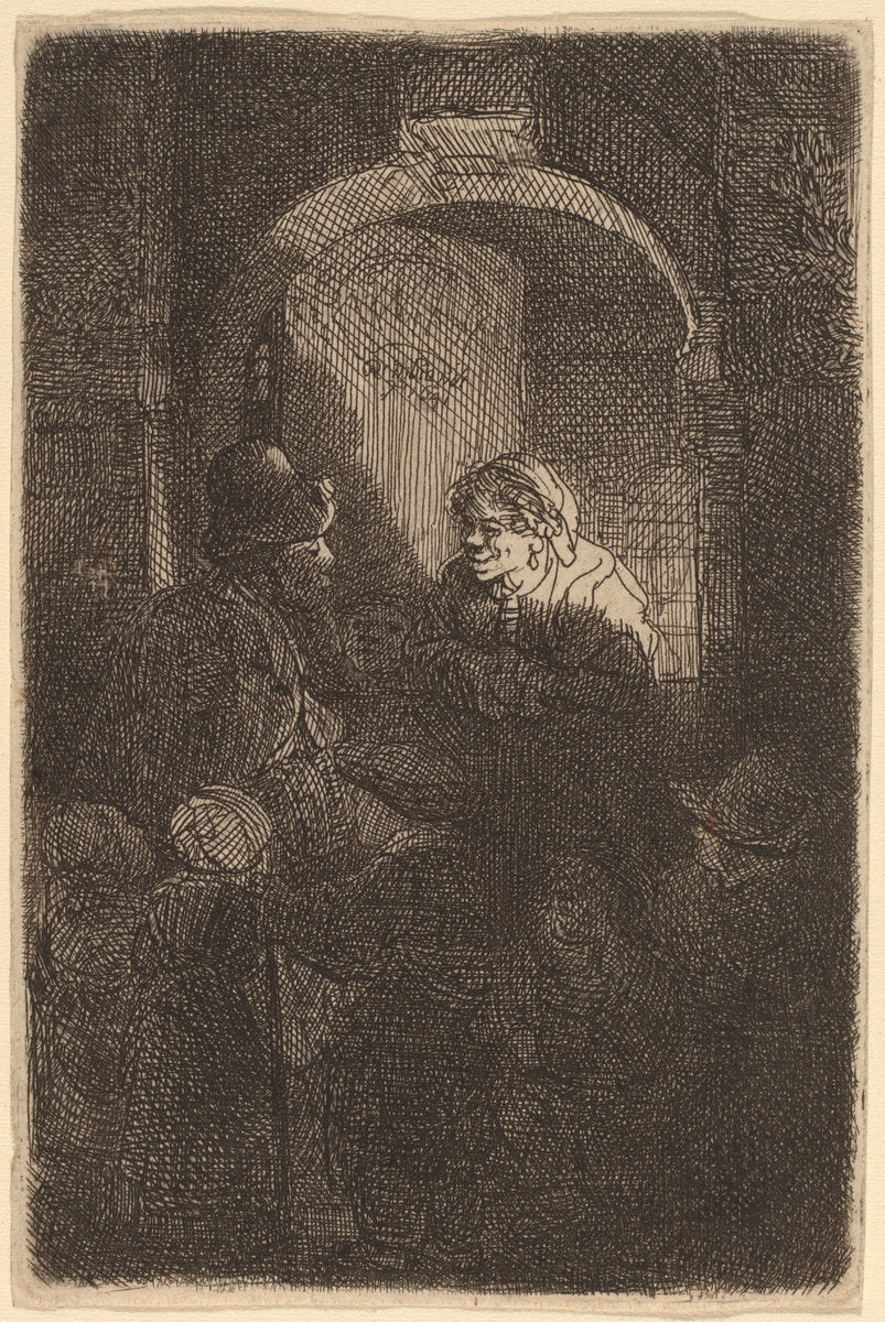 Woman at a Door Hatch Talking to a Man and Children (The Schoolmaster) by Rembrandt van Rijn (Dutch, 1606 - 1669), 16X12"(A3)Poster Print