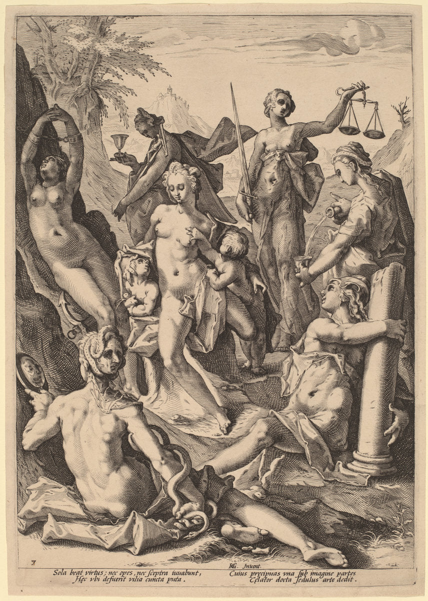 The Seven Virtues by attributed to Jacob Matham, after Hendrik Goltzius (Dutch, 1571 - 1631), 16X12"(A3)Poster Print