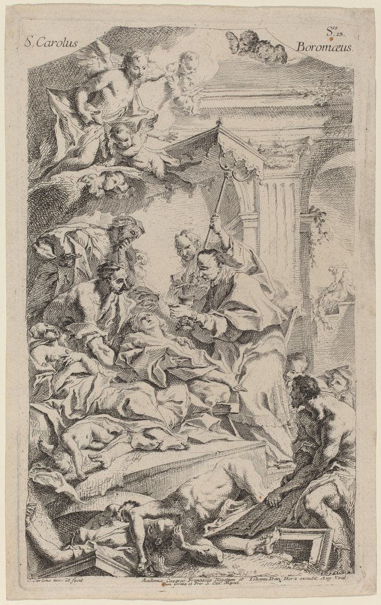 San Carlo Borromeo Giving Last Communion to Victims of the Plague by Carlo Innocenzo Carlone (Italian, 1686 - 1775), 16X12"(A3)Poster Print
