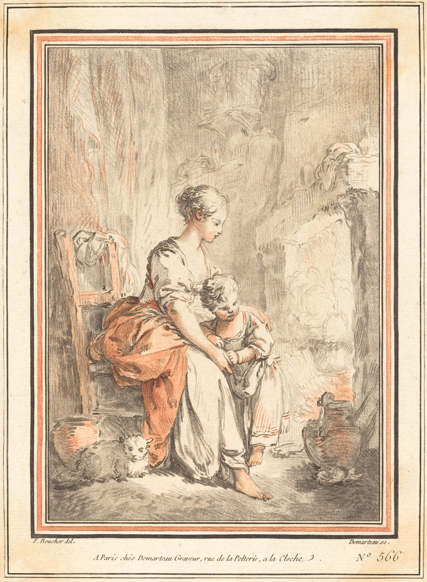 Woman and Child before a Fireplace by Gilles-Antoine Demarteau after François Boucher (French, 1750 - 1802), 16X12"(A3)Poster Print