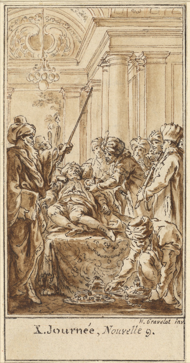 Tenth Day, Ninth Story: Saladin Bestows Rich Gifts on the Sleeping Torello by Hubert François Gravelot (French, 1699 - 1773), 16X12"(A3)Poster Print