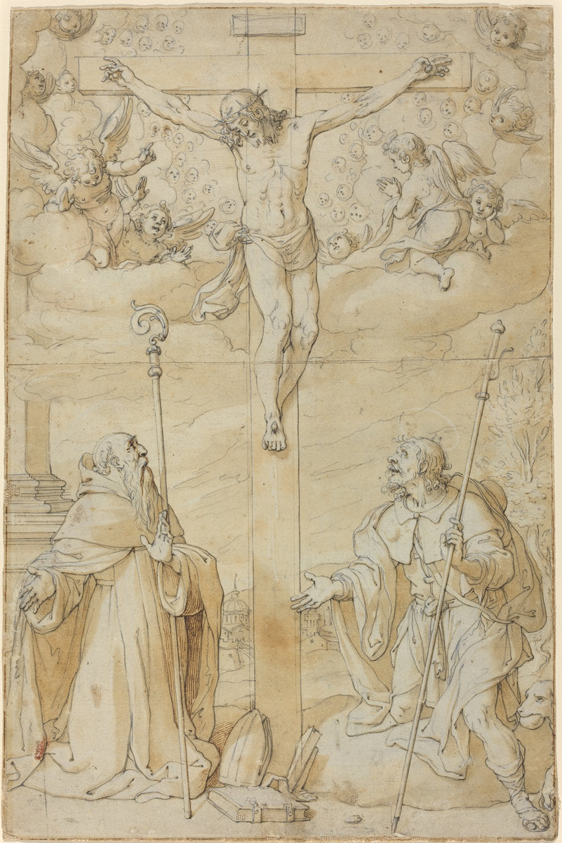 The Crucifixion with Saints Roch and Augustine by Filippo Bellini (Italian, 1550/1555 - 1604), 16X12"(A3)Poster Print