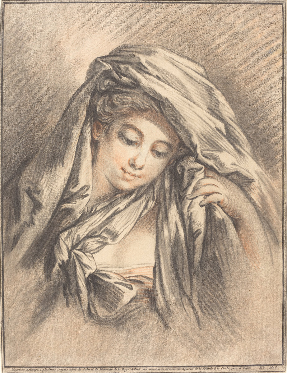 Young Woman with Her Head Covered by Gilles Demarteau, the Elder after François Boucher (French, 1722 - 1776), 16X12"(A3)Poster Print