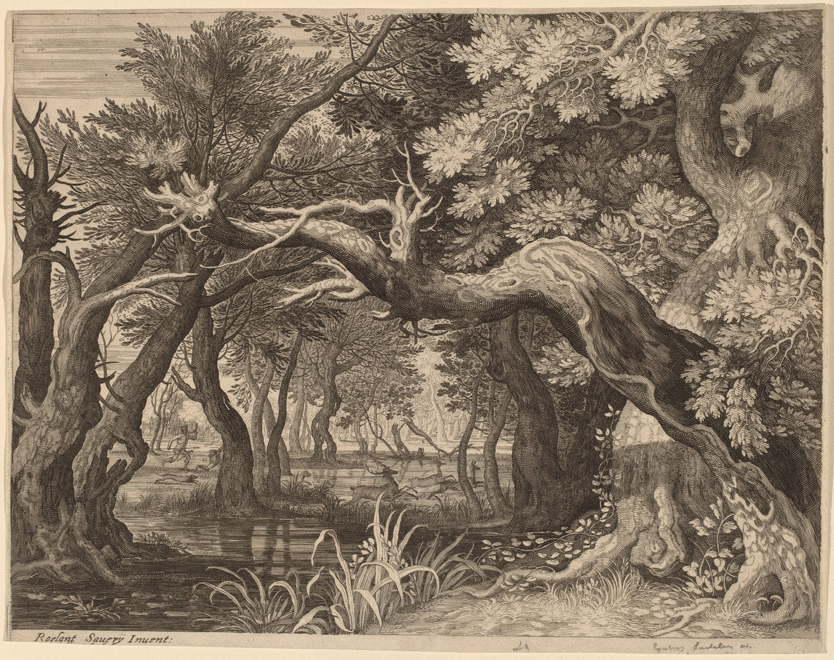 Stag Hunt near a Pool by Aegidius Sadeler II after Roelandt Savery (Flemish, c. 1570 - 1629), 16X12"(A3)Poster Print