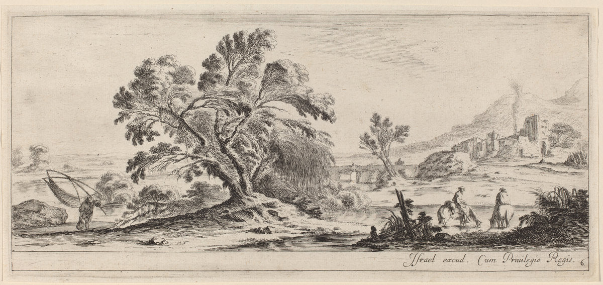 Landscape with Fisherman Carrying his Net by Stefano Della Bella (Italian, 1610 - 1664), 16X12"(A3)Poster Print