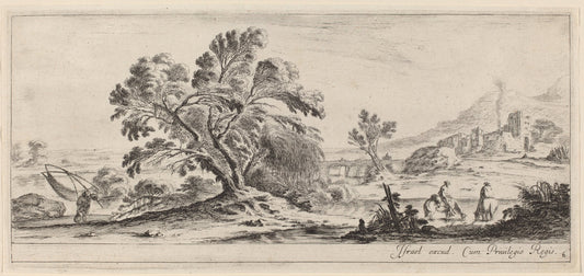 Landscape with Fisherman Carrying his Net by Stefano Della Bella (Italian, 1610 - 1664), 16X12"(A3)Poster Print