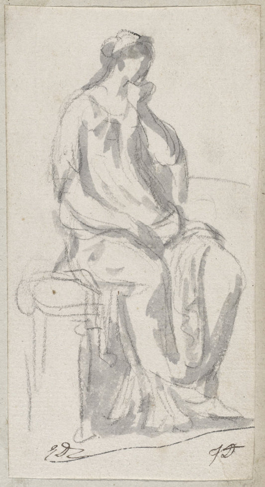 Classical Sculpture of a Pensive Woman by Jacques-Louis David (French, 1748 - 1825), 16X12"(A3)Poster Print
