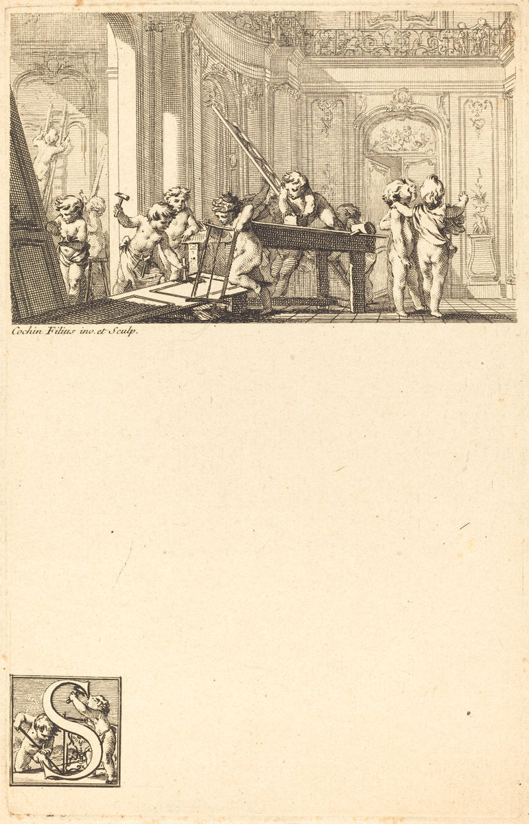 Putti Preparing the Interior Decoration of a Mansion by Charles-Nicolas Cochin II (French, 1715 - 1790), 16X12"(A3)Poster Print