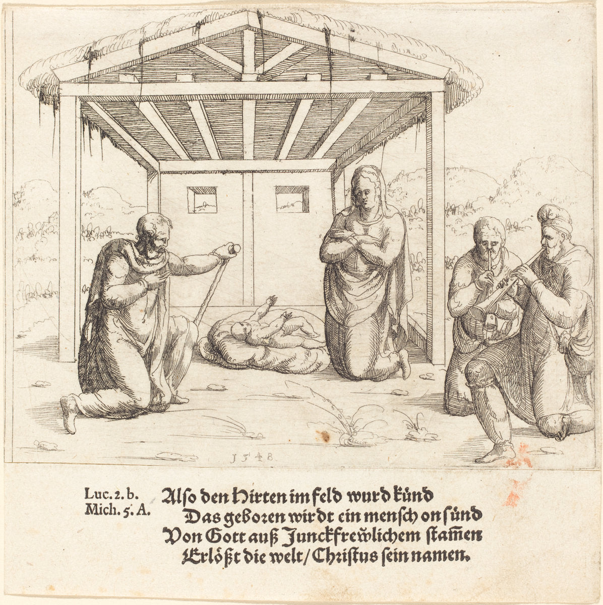 The Adoration of the Shepherds by Augustin Hirschvogel (German, 1503 - 1553), 16X12"(A3)Poster Print