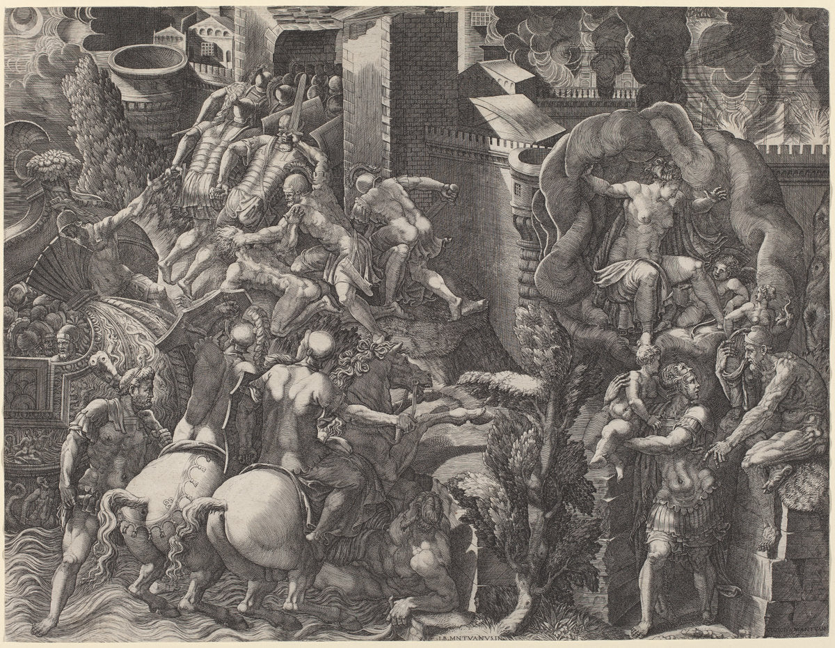 The Fall of Troy and the Escape of Aeneas by Giorgio Ghisi after Giovanni Battista Scultori (Italian, 1520 - 1582), 16X12"(A3)Poster Print
