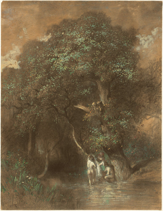 Bathers by a Giant Oak by Constant Troyon (French, 1810 - 1865), 16X12"(A3)Poster Print