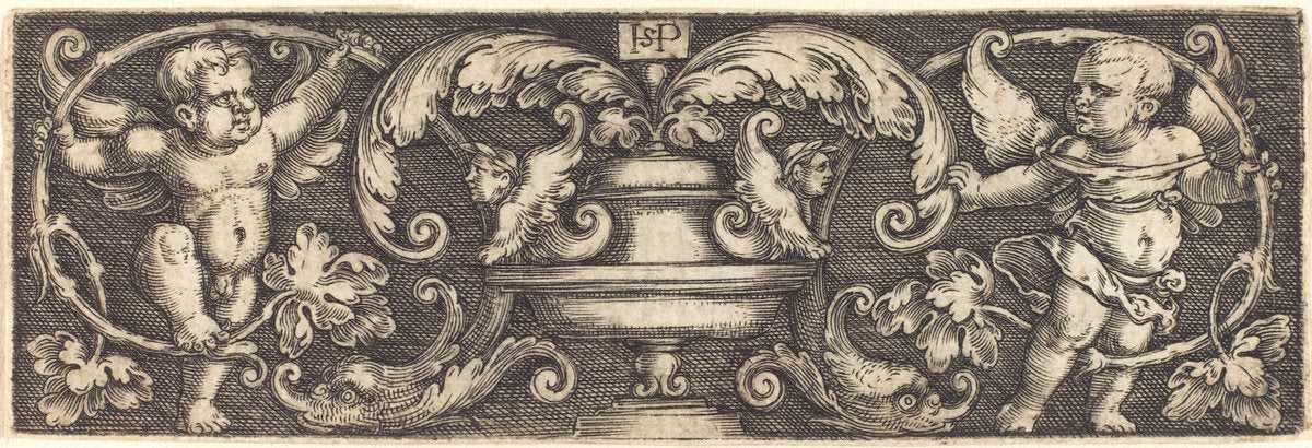 Ornament with a Vase between Two Genii by Sebald Beham (German, 1500 - 1550), 16X12"(A3)Poster Print