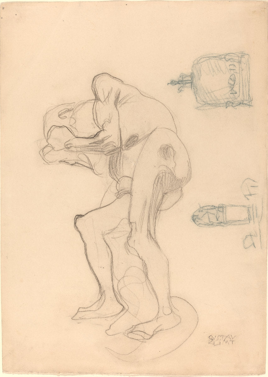 Study of a Nude Old Woman Clenching Her Fists, and Two Decorative Objects by Gustav Klimt (Austrian, 1862 - 1918), 16X12"(A3)Poster Print