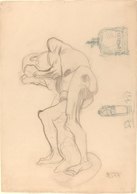 Study of a Nude Old Woman Clenching Her Fists, and Two Decorative Objects by Gustav Klimt (Austrian, 1862 - 1918), 16X12"(A3)Poster Print