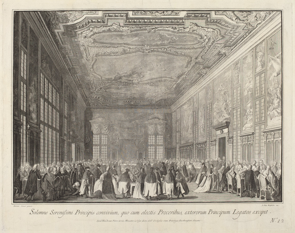 The Doge Entertains Foreign Ambassadors at a Banquet by Giovanni Battista Brustolon after Canaletto (Italian, 1712 - 1796), 16X12"(A3)Poster Print