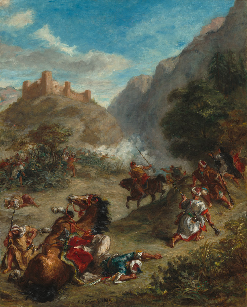 Arabs Skirmishing in the Mountains by Eugène Delacroix (French, 1798 - 1863), 16X12"(A3)Poster Print
