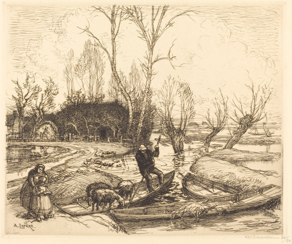 In the Deluged Marsh - The Shepherd (Au marais inonde - Le berger) by Auguste Lepère (French, 1849 - 1918), 16X12"(A3)Poster Print