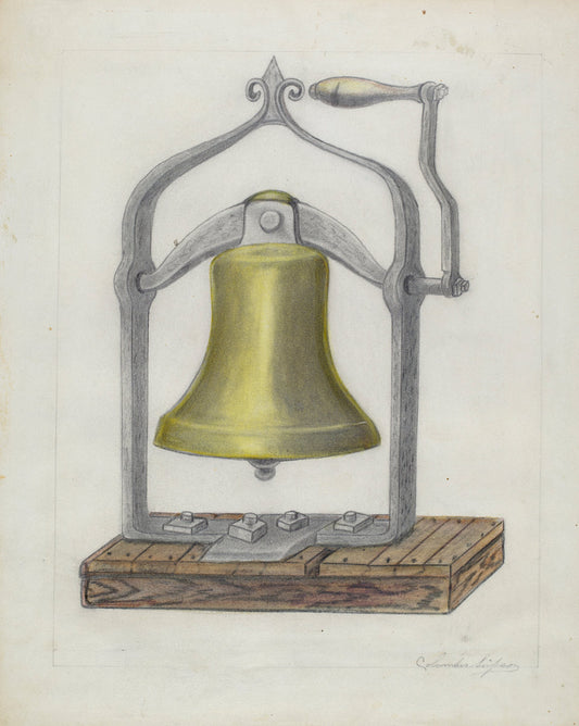 Portable Brass Hand Bell by Columbus Simpson (American, active c. 1935), 16X12"(A3)Poster Print