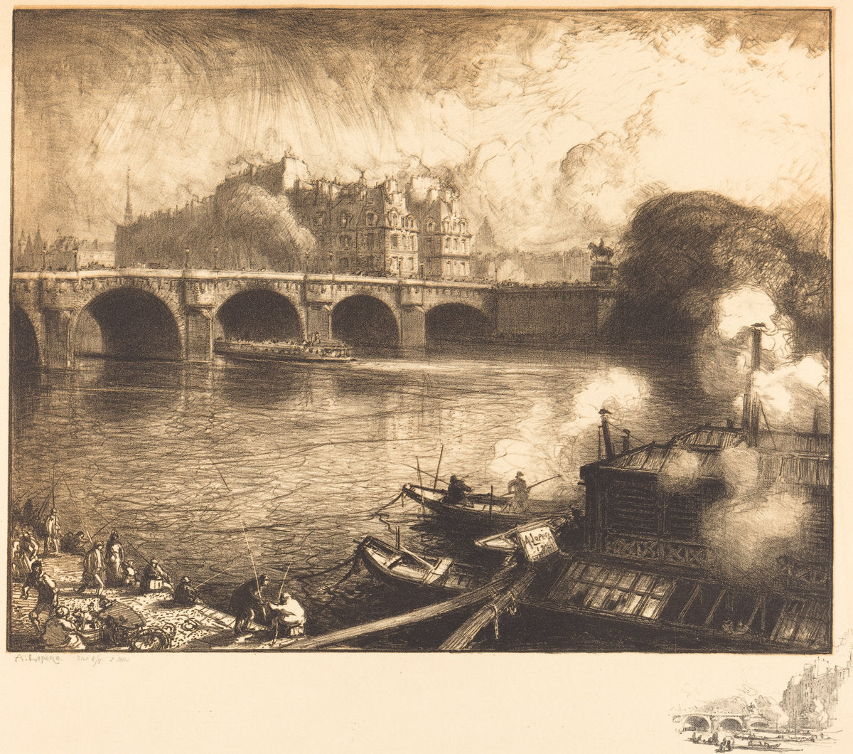 Le Pont Neuf by Auguste Lepère (French, 1849 - 1918), 16X12"(A3)Poster Print