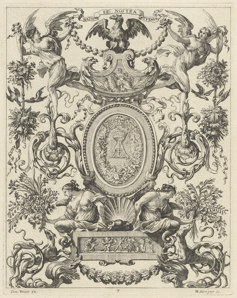 Ornamental Panel Surmounted by an Eagle and the Motto NATOS ET NOSTRA TUEMUR by Michel Dorigny, after Simon Vouet (French, 1617 - 1665), 16X12"(A3)Poster Print