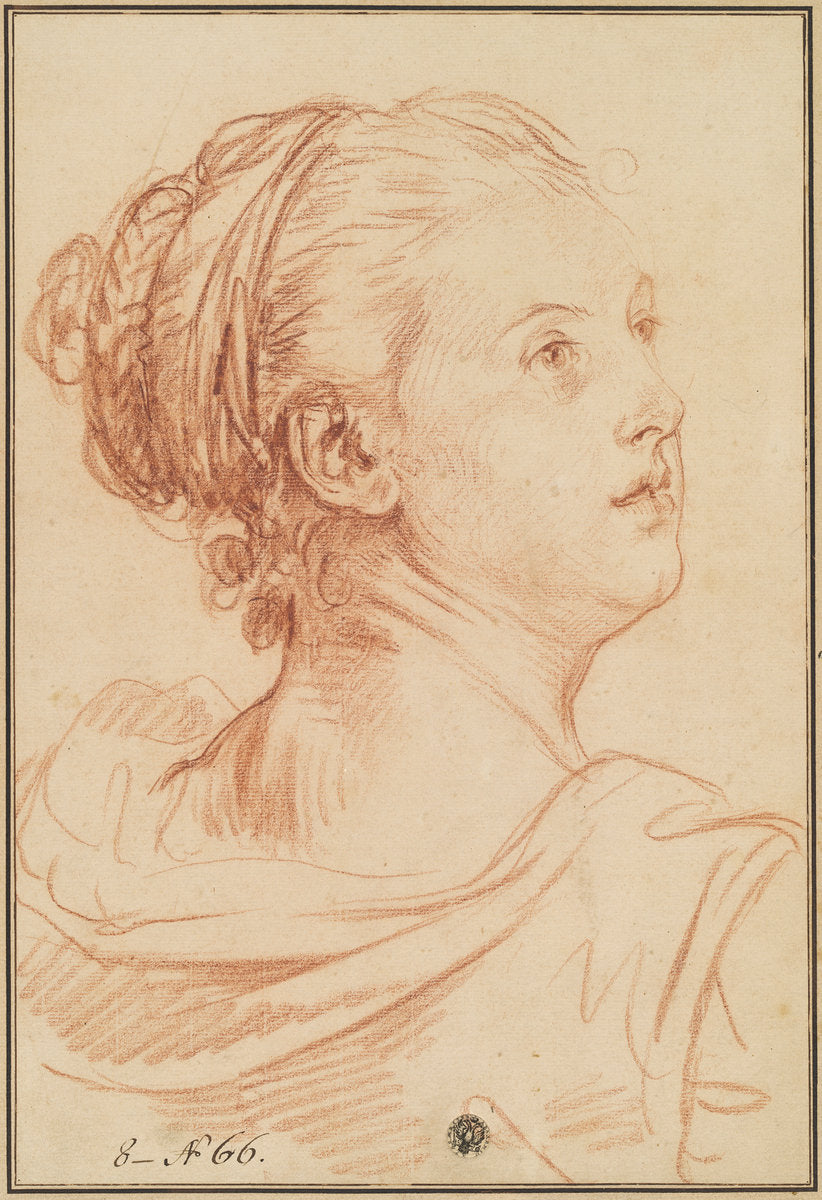 Head of a Woman Looking Back Over Her Shoulder by Jean-Baptiste Greuze (French, 1725 - 1805), 16X12"(A3)Poster Print