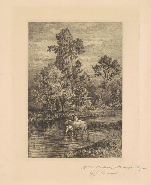 Landscape with Horses Drinking by Charles Volkmar (American, 1841 - 1914), 16X12"(A3)Poster Print
