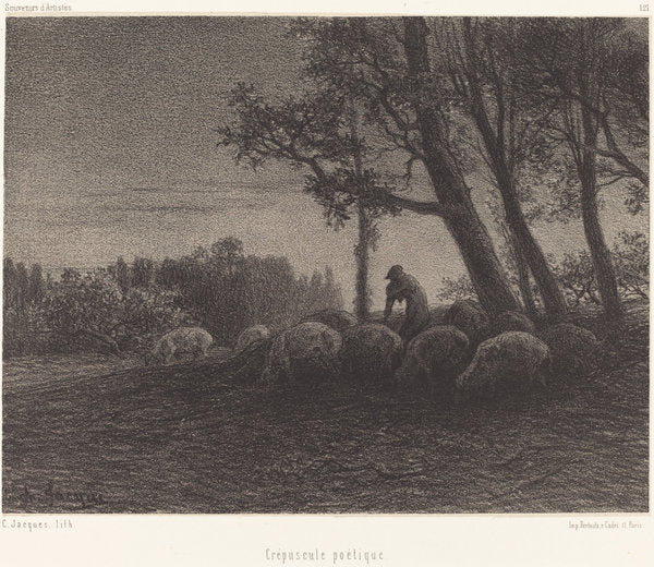 Crepuscule poetique (Poetical Twilight) by Charles Émile Jacque (French, 1813 - 1894), 16X12"(A3)Poster Print
