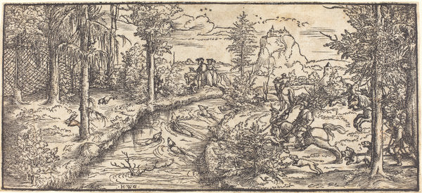 Stag Hunt by Master H.W.G. (German, active first half 16th century), 16X12"(A3)Poster Print